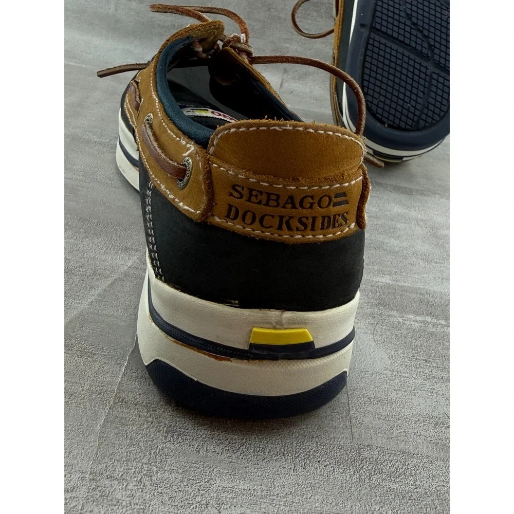 Sebago Docksides Men Sz 9.5M Navy Tan Leather Platform Boat Shoes 254-25
